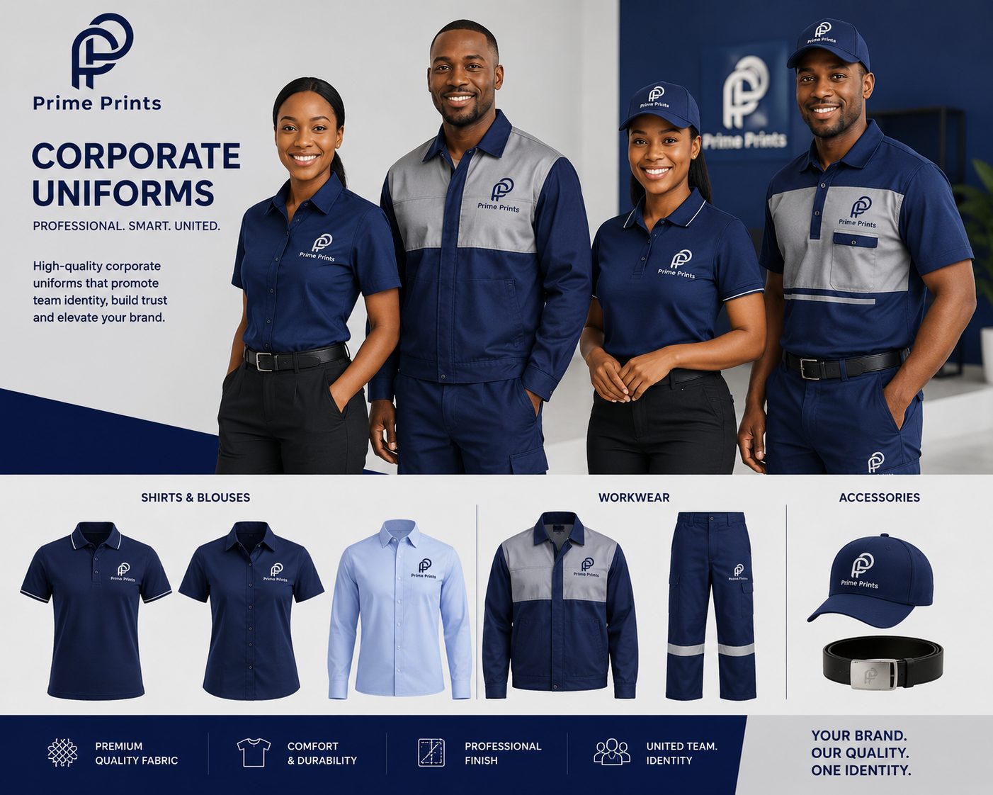 Team wearing Prime Prints branded corporate uniforms