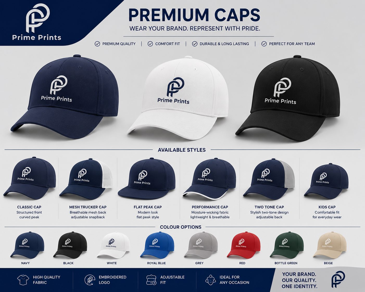 Branded caps in multiple colours